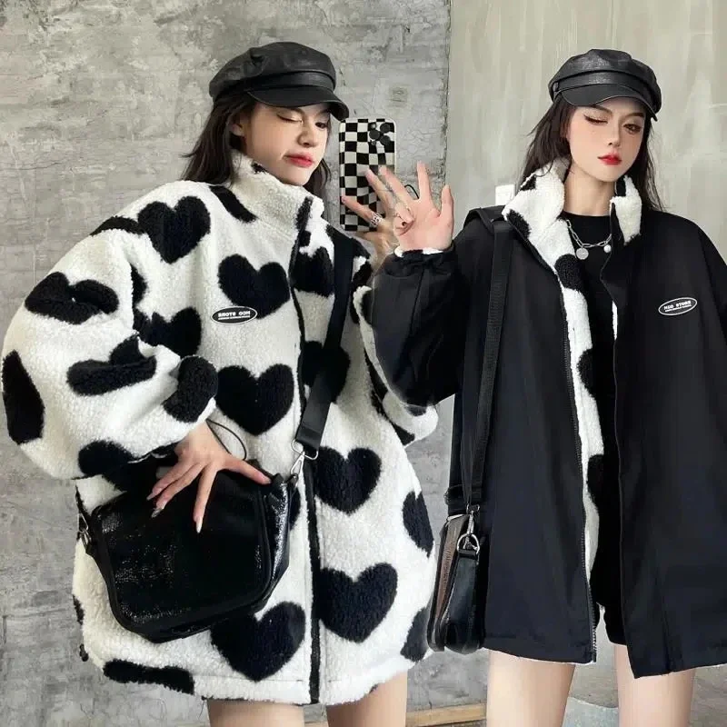 Y2K retro plus velvet warm jacket love trend cotton jacket thick plush coat double-sided coat women's winter new style