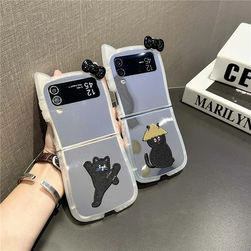 

Cat Ears Mirror Surface Phone Case for Samsung Galaxy Z Flip 6 5 4 3 Protective Back Cover for ZFlip4 ZFlip5 ZFlip6 Case