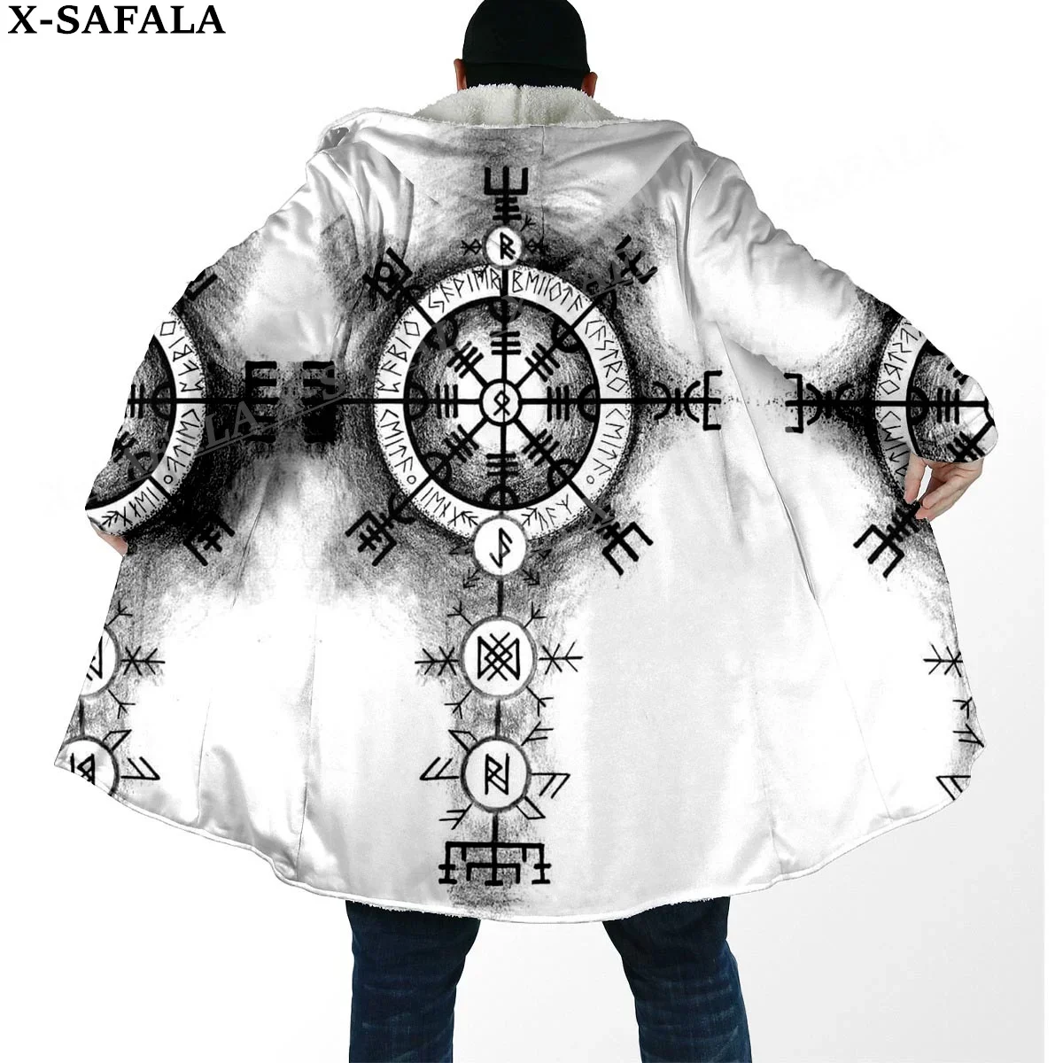 Viking Line Tattoo Symbol Totems Thick Warm Hooded Cloak Men Overcoat Coat Windproof Fleece Cape Robe Hooded Blanket-2