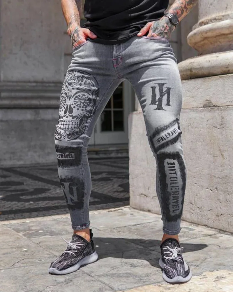 Men Jeans Fashion Slim Fit Pencil Pant Solid Ripped Hole Europe America Denim Zipper Fly Printing Grey Skinny Strech Trousers