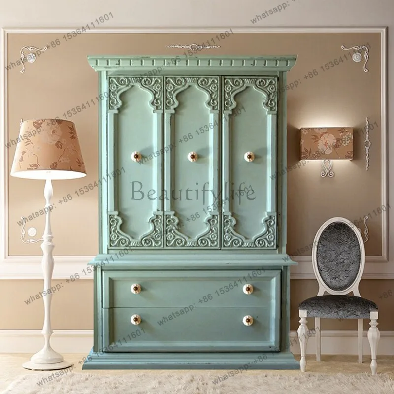 

French vintage wardrobe European American country solid wood carved three-door household storage cabinet
