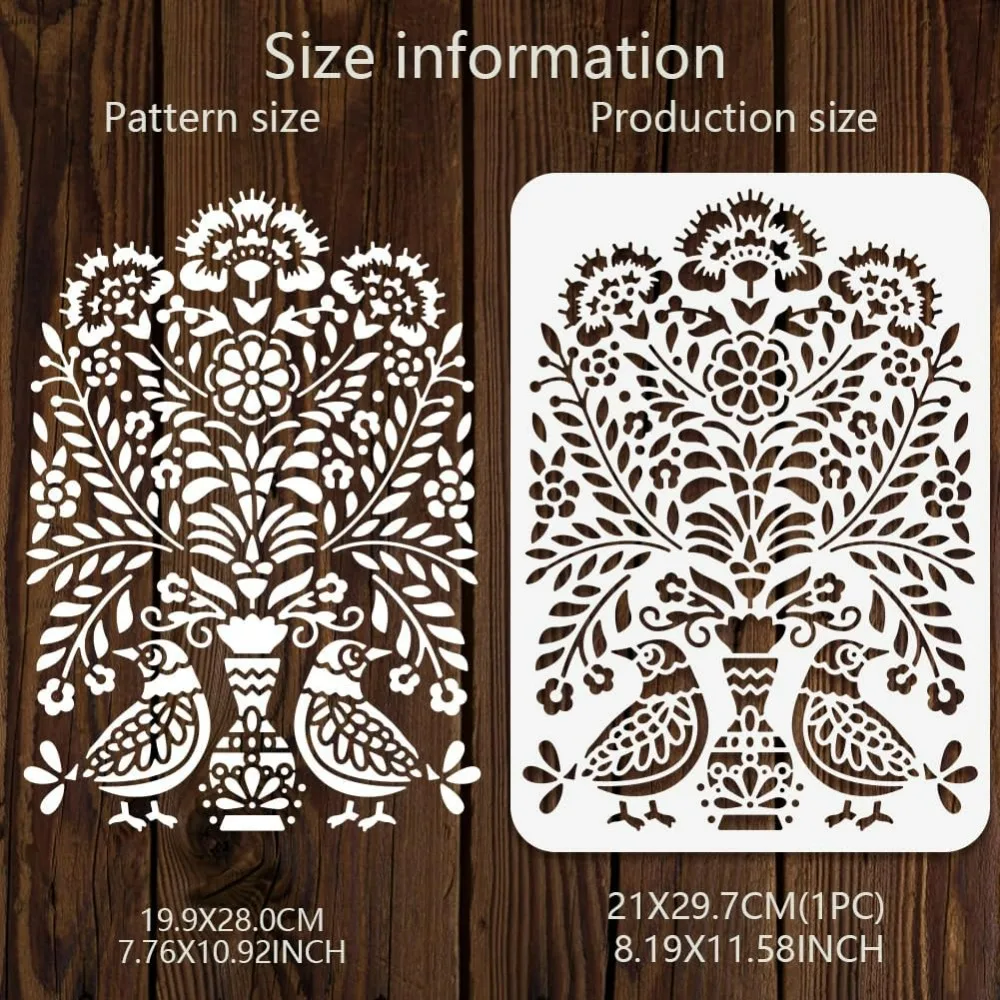 Folk Art Flower Stencil 11.7x8.3 Inch Polish Folk Ornament DIY Reusable Stencil Flower and Birds Drawing Templates for Painting - view 2