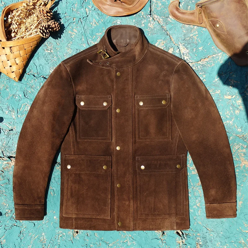 

Мужская куртка из натуральной кожи Nubuck с эффектом состаривания, с множеством карманов, в деловом повседневном стиле, с длинными рукавами