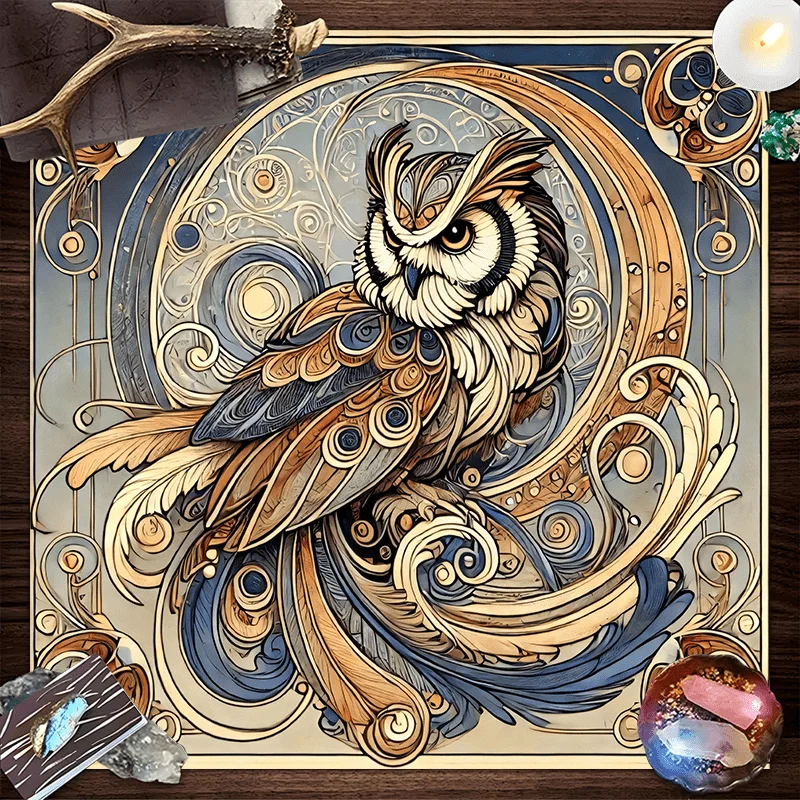 VIKAMA Schreibtischunterlage mit geheimnisvoller Eule, bunte Feder, Totem, Tarot-Elemente, Studie, Altar, Wahrsagerei, Dekoration, Sternmuster-Effekt