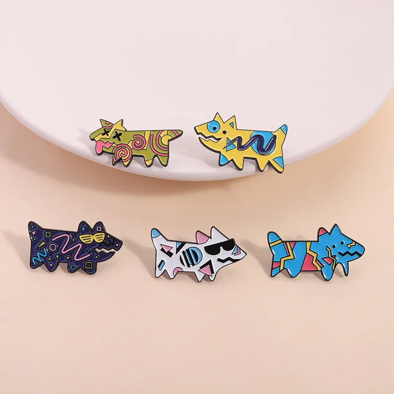 5pcs Cute Cartoon Radiation Puppy Enamel Brooch Creative Color Block Abstract Dog Lapel Pin Badge Jewelry Gift for Kid Friend