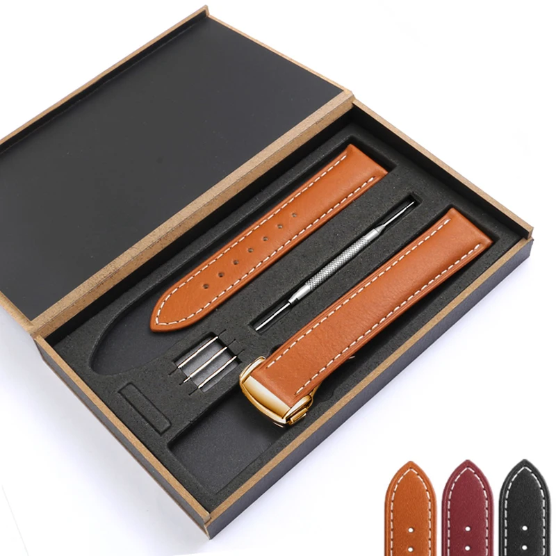 PEIYI Universal Genuine Leather Watch Chain, Black Brown Folding Buckle Men's Cattle Hide Watchband 20 22mm