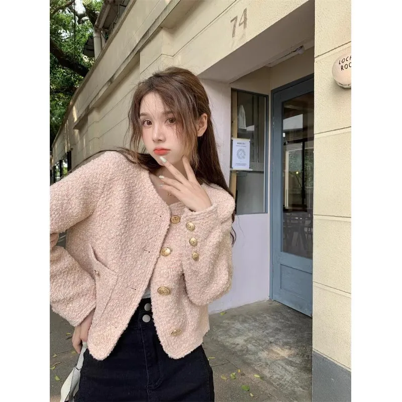 

2023 Women Elegant Solid Coat Button Long Sleeve Woolden Jacket Autumn Winter Female Casual Loose Streetwear Crooped Coats