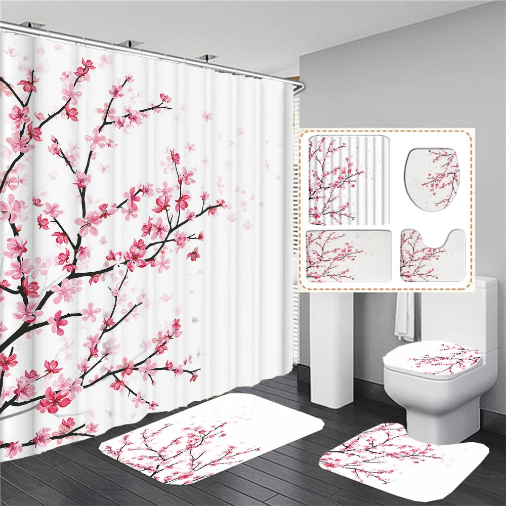 Cherry Blossoms Flowers Print Fabric Shower Curtain Bathroom Curtain Set Anti-slip Rugs Toilet Lid Cover Bath Mat Bathroom Decor