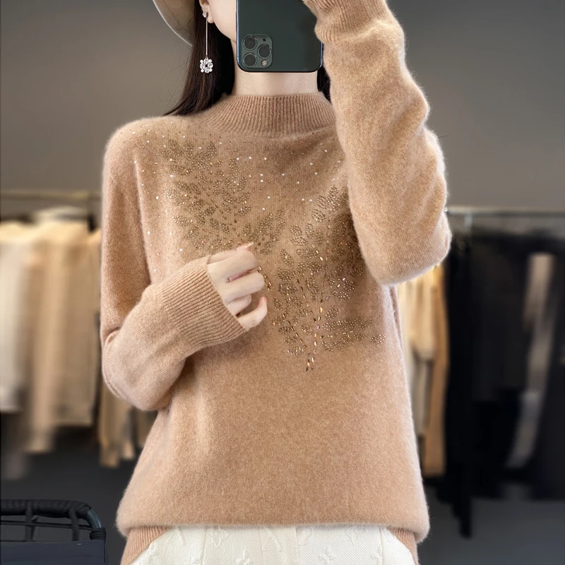 Women Autumn Winter Pure Wool Thickening Sweater Half-high Collar Leaf studded With Diamonds Pullover Female Knitted Basis Top