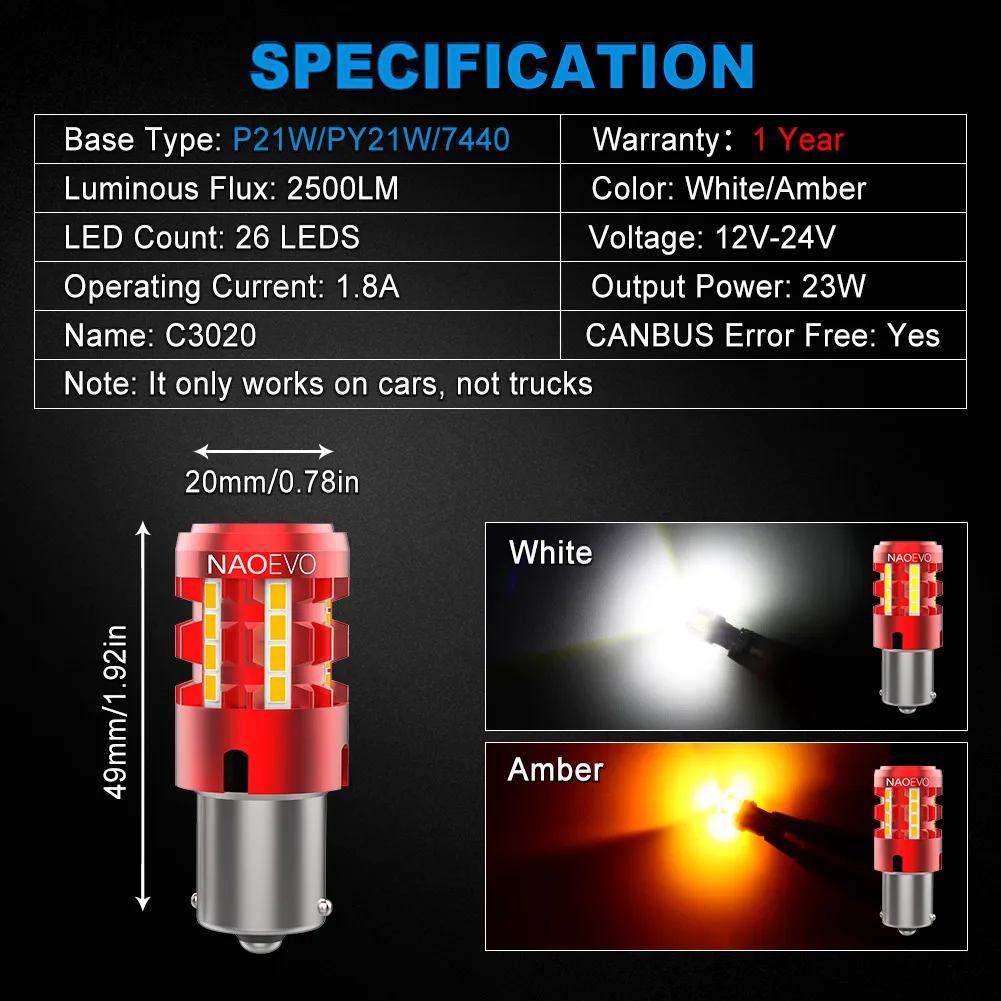 NAO 23W T20 7440 W21W 1156 P21W LED CANBUS PY21W Error Free Ultra Bright 2500LM BA15S BAU15S No Hyper Flash 12V Turn Signal Lamp