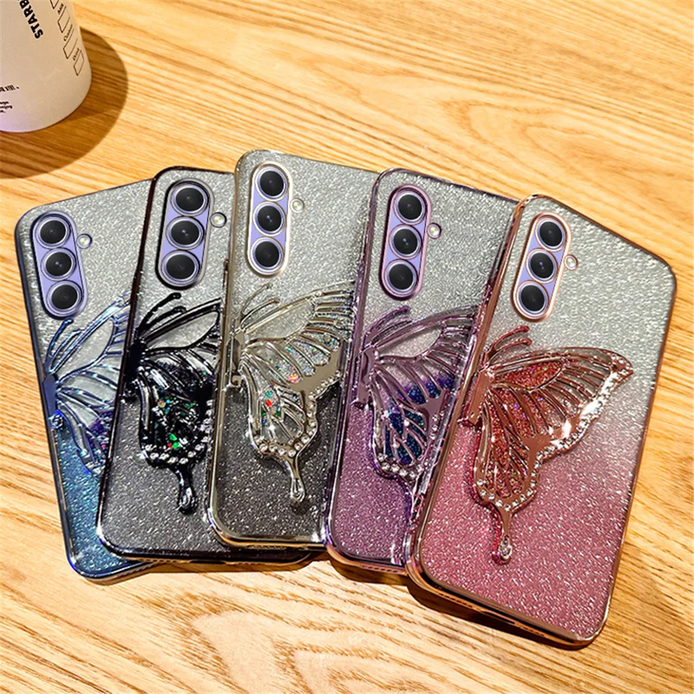 Gradient Glitter Butterfly Quicksand Phone Case For Samsung A15 A35 A55 A25 A05S A54 A34 A24 A14 A13 A33 A53 Soft Silicone Cover