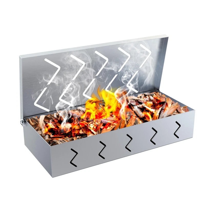 

Grill Smoker Box, Stainless Steel Food Safe, Works With Wood Chips Smoked BBQ Flavor, Hinged Lid,Warp Free Grill