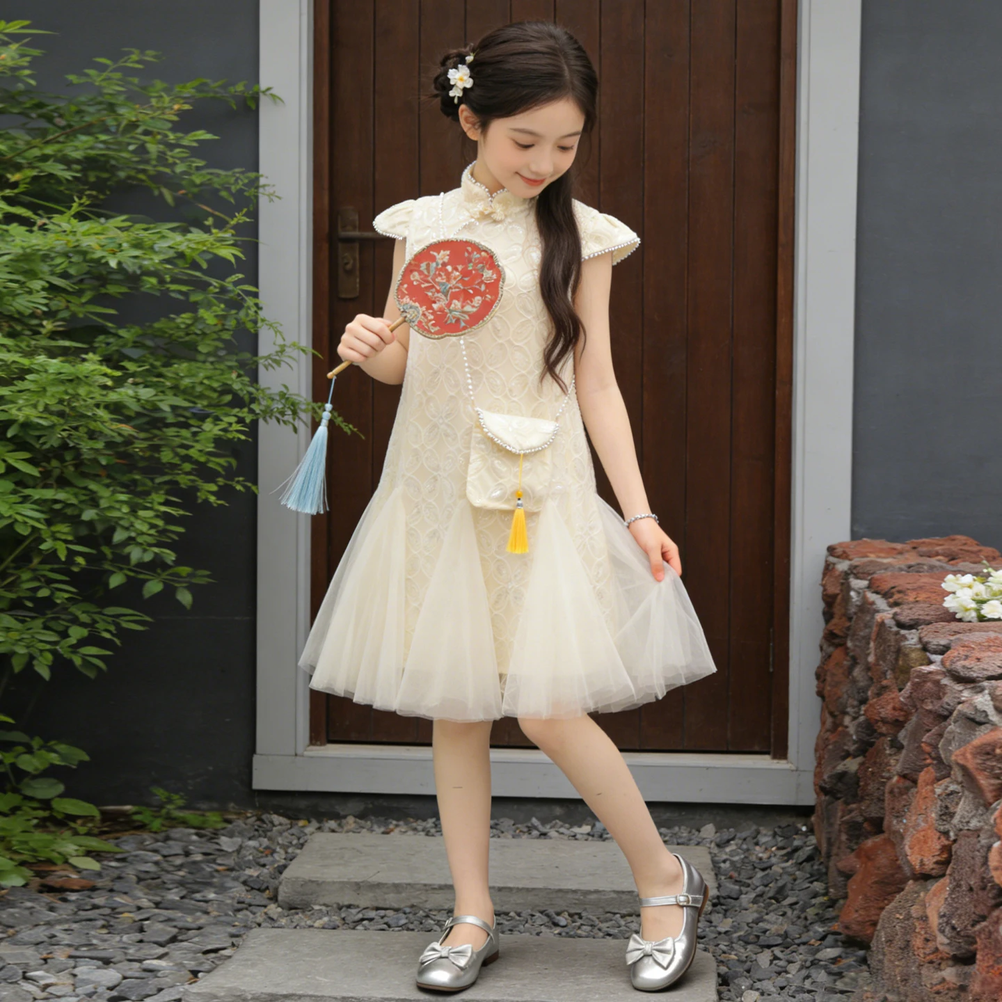 Children Dresses For Girls Lace Tulle Party Dress Pearl Collar Cap Sleeveless Birthday Pageant Formal Dress Girls Gown 6 8 12 Y