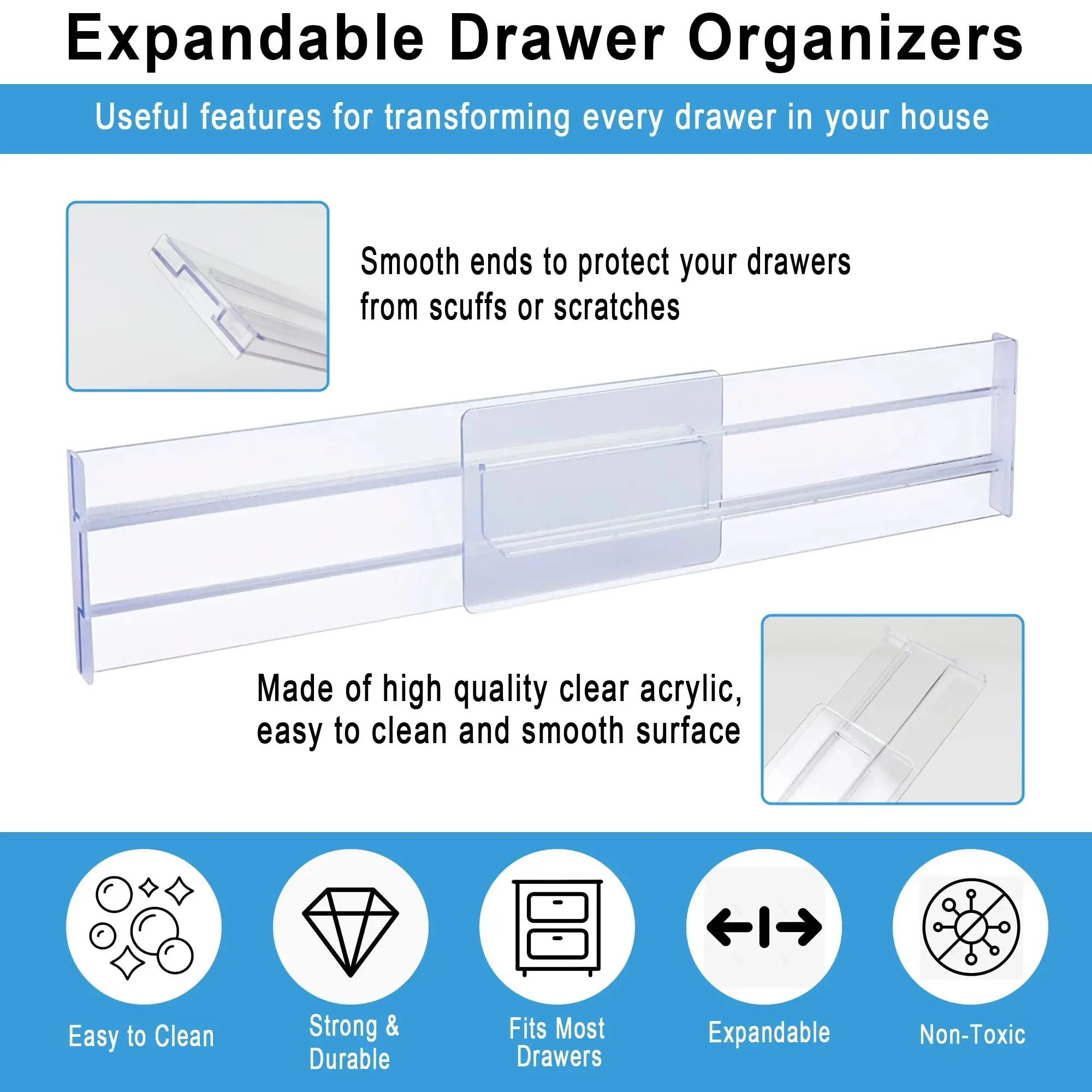 1/2/4/8PCS Drawer Dividers Organizers Adjustable Cabinet Storage Clothes Drawer Organizer Clear Drawers Separators Kitchen Tools