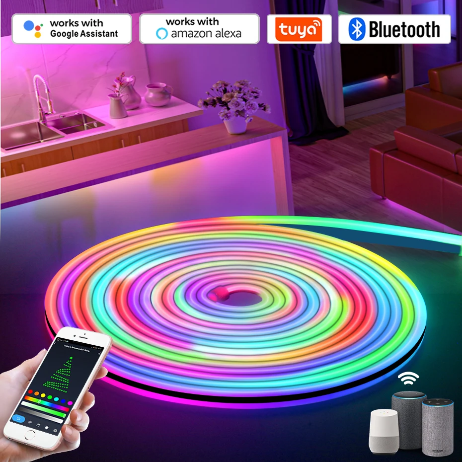 

Dreamcolor Smart LED Neon Strip Light 12V RGBIC Dimmable IP67 Waterproof Chasing Flexible Tape IR Remote/Bluetooth/WiFi Control