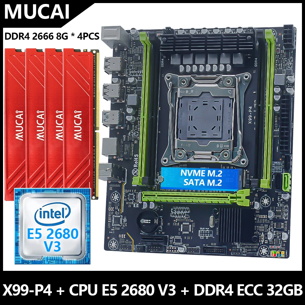 MUCAI X99 P4 Motherboard LGA 2011-3 Kit Set With Intel Xeon E5 2680 V3 CPU Processor And DDR4 32GB(4*8GB) 2666MHz RAM Memory