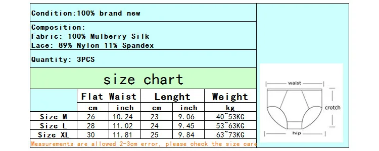 3 Pairs/lot 100% Mulberry Silk Women Briefs Lace Underwear Lingerie Panties Sexy