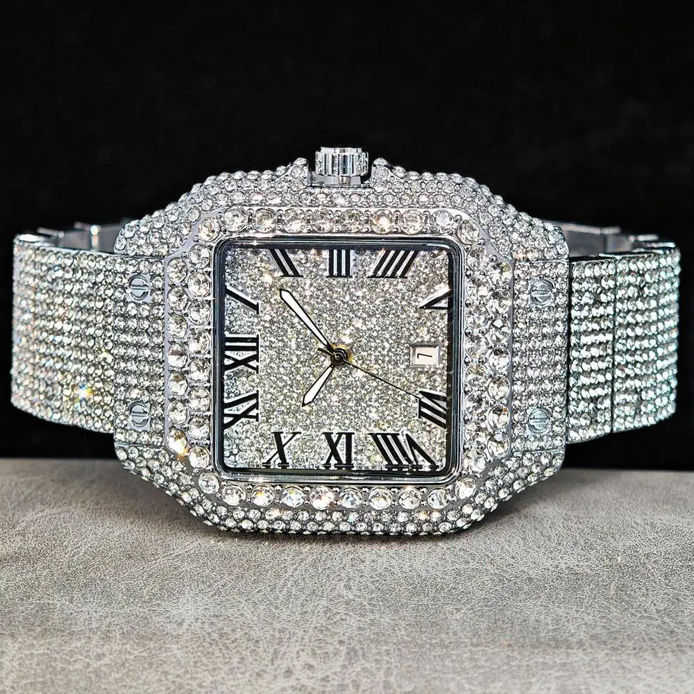 

New Fashion Ice Watches Men Brand UNIGUET Luxury Hip Hop Diamond Jewelry Square Stainless Steel Quartz Male Wrist Watch Hot Sale