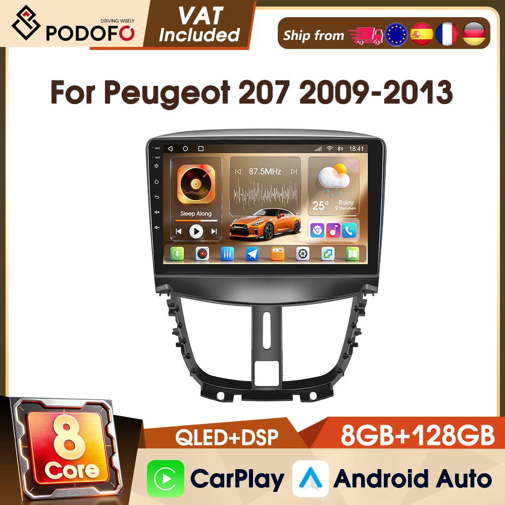 Podofo Universal 4G 8-Kern 8+128G 9" Kabelloses CarPlay Auto-Audio Android Auto FM RDS WIFI GPS IPS-Bildschirm Intelligente Systeme für Peugeot 207 2009-2013