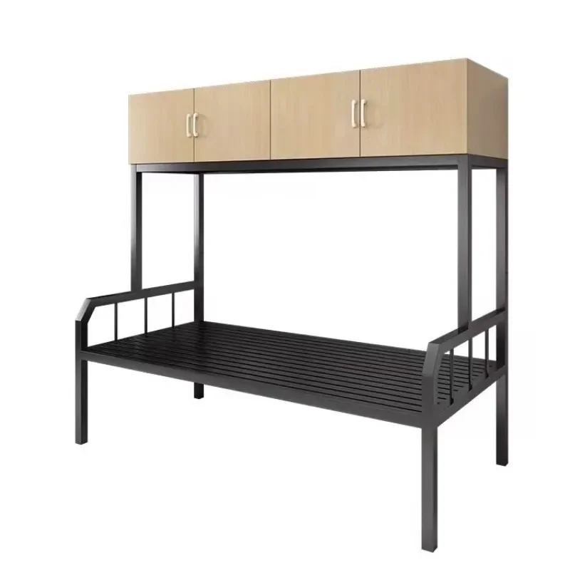 Wrought Iron Loft Bed with Upper Storage Cabinet Single Size Space Saving Frame for Apartment Dormitory Simple Design