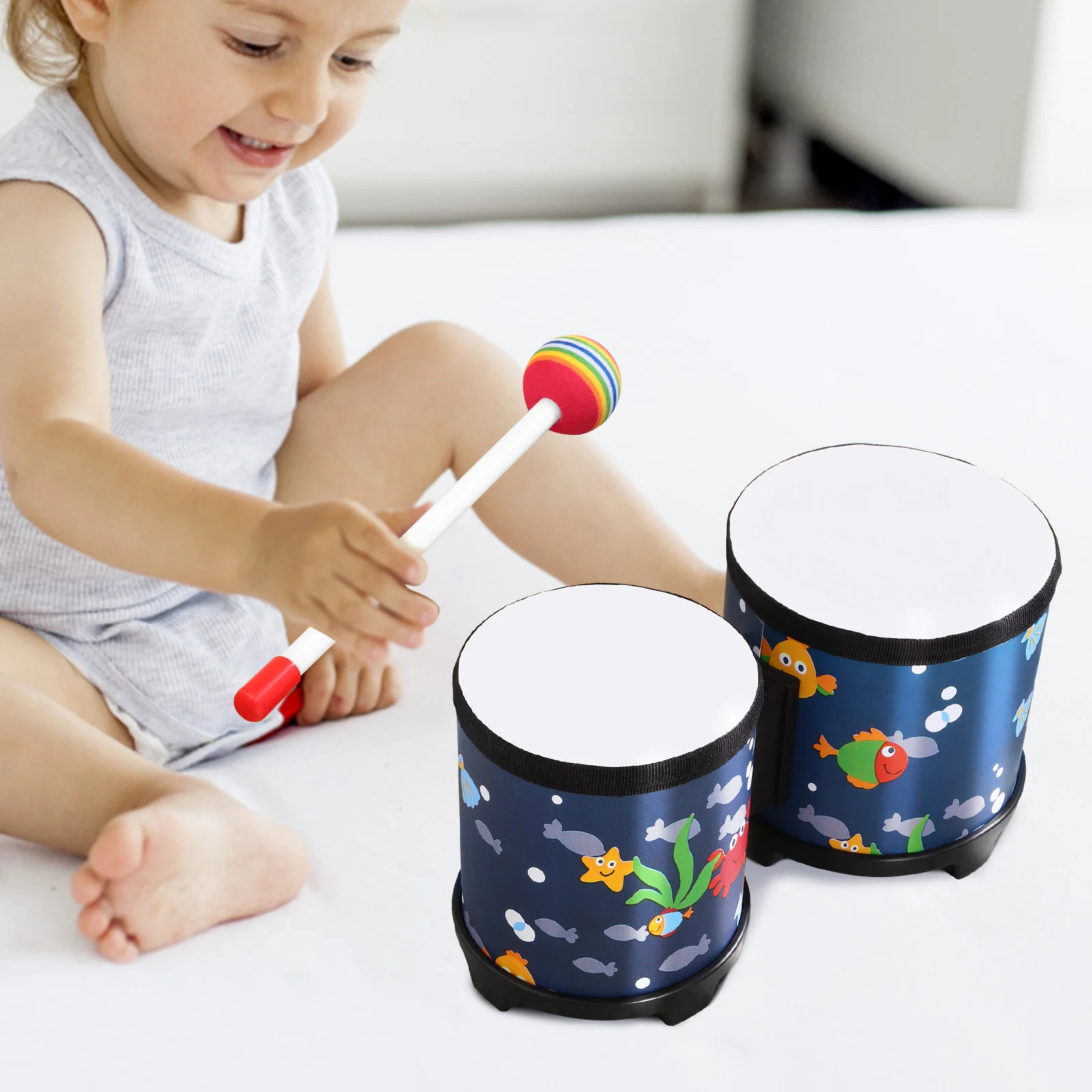 Drums Underwater World Pattern Percussion Instruments with Drumstick Musical Rhythm Sticks Hand Mini