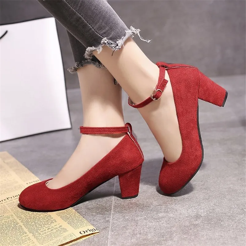 Women\'s Fashion Pumps Sweet Woman Thick High Heels Ankle Strap Flock Female Platform Mary Jane Women Shoes Ladies Footwear