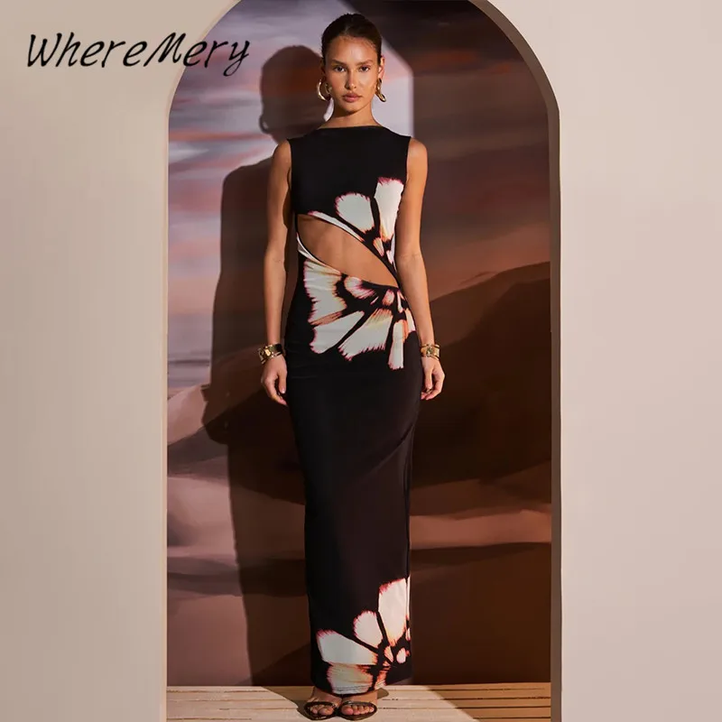 WhereMery Retro Slim Cut Hollow Out Dress Y2K Summer New Sleeveless Print Elegant Split Dress Dinner Party Robe 2024 Women‘’s