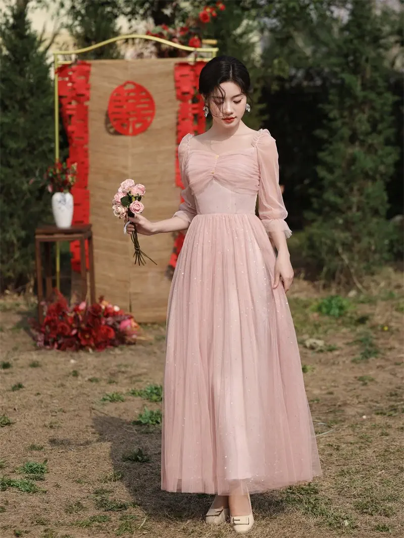 Robe de Demoiselle d'Honneur Plissée en Tulle Brodée de Fleurs, Tenue de Soirée Élégante à Demi Manches, 2024