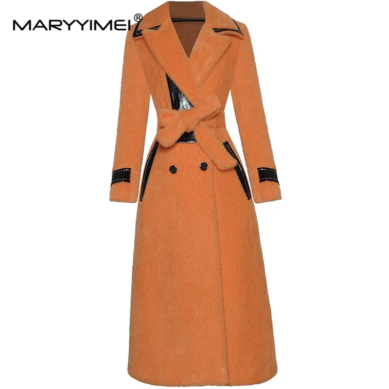 MARYYIMEI Fashion design Women's Coat Turn-Down Collar Long-Sleeved Double Breasted Leather Splicing Lace-Up Winter Overcoat