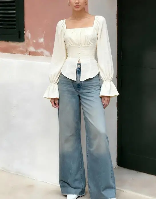 

Модная женская весенняя новинка: элегантная шифоновая блузка с квадратным вырезом, приталенная, с разрезом и рукавами-фонариками