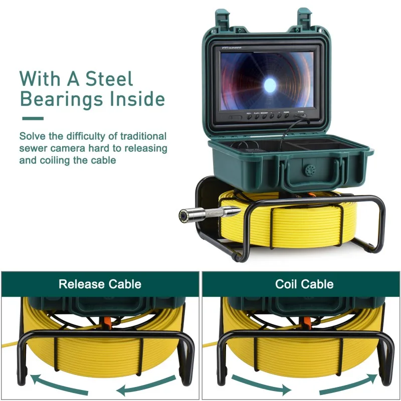 50 M Waterproof IP68 Sewer Camera 512HZ Transmitter+Self-leveling Drain Sewer Pipe Inspection 9Inch Screen 1080P Pipe Camera