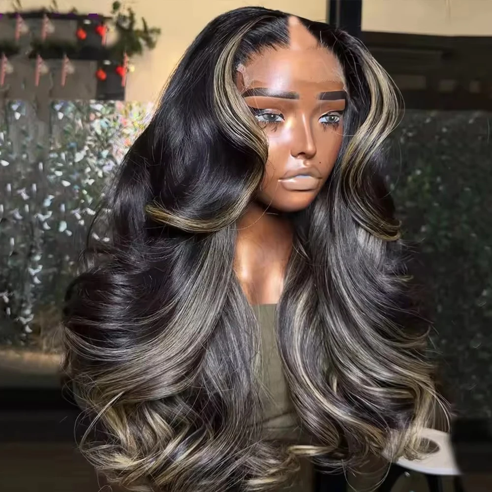 Perruque en cheveux humains 100% indiens, ondulations lisses, mèches blond cendré, forme en U, la moins chère, balayage brun, perruques V-Part 1x4 pour femmes noires