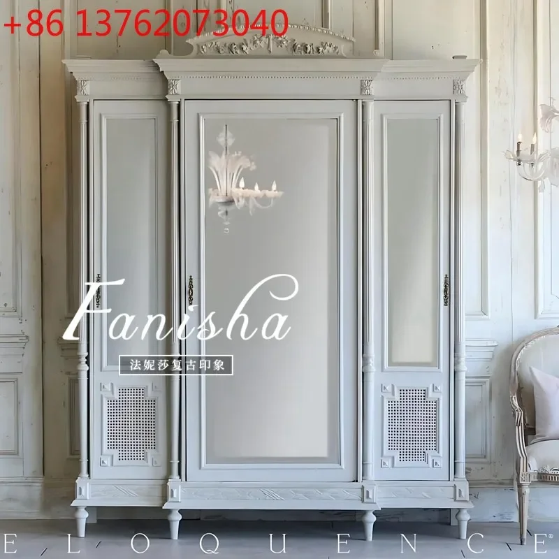 French retro style wardrobe European solid wood carving flower glass door storage cabinet
