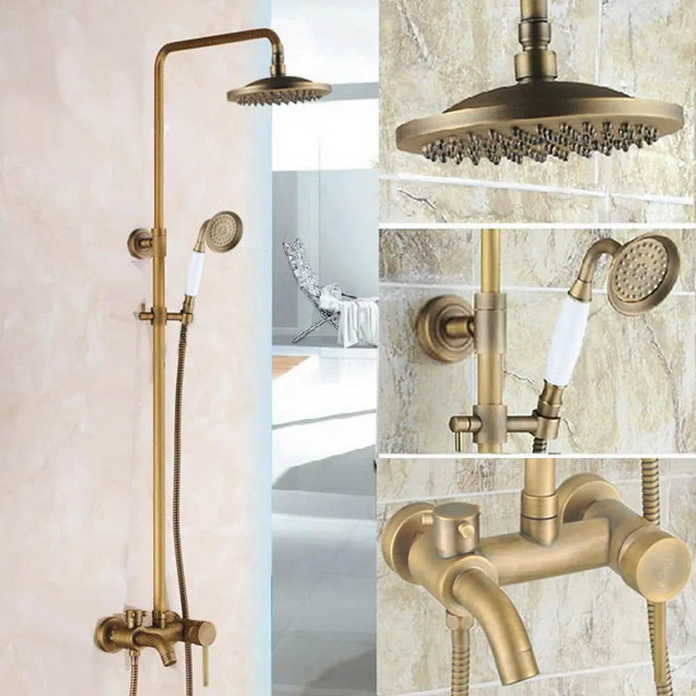 

Antique Brass 8" Rainfall Shower Head Bathroom Shower Faucet Set Tub Mixer Tap with Hand Shower
