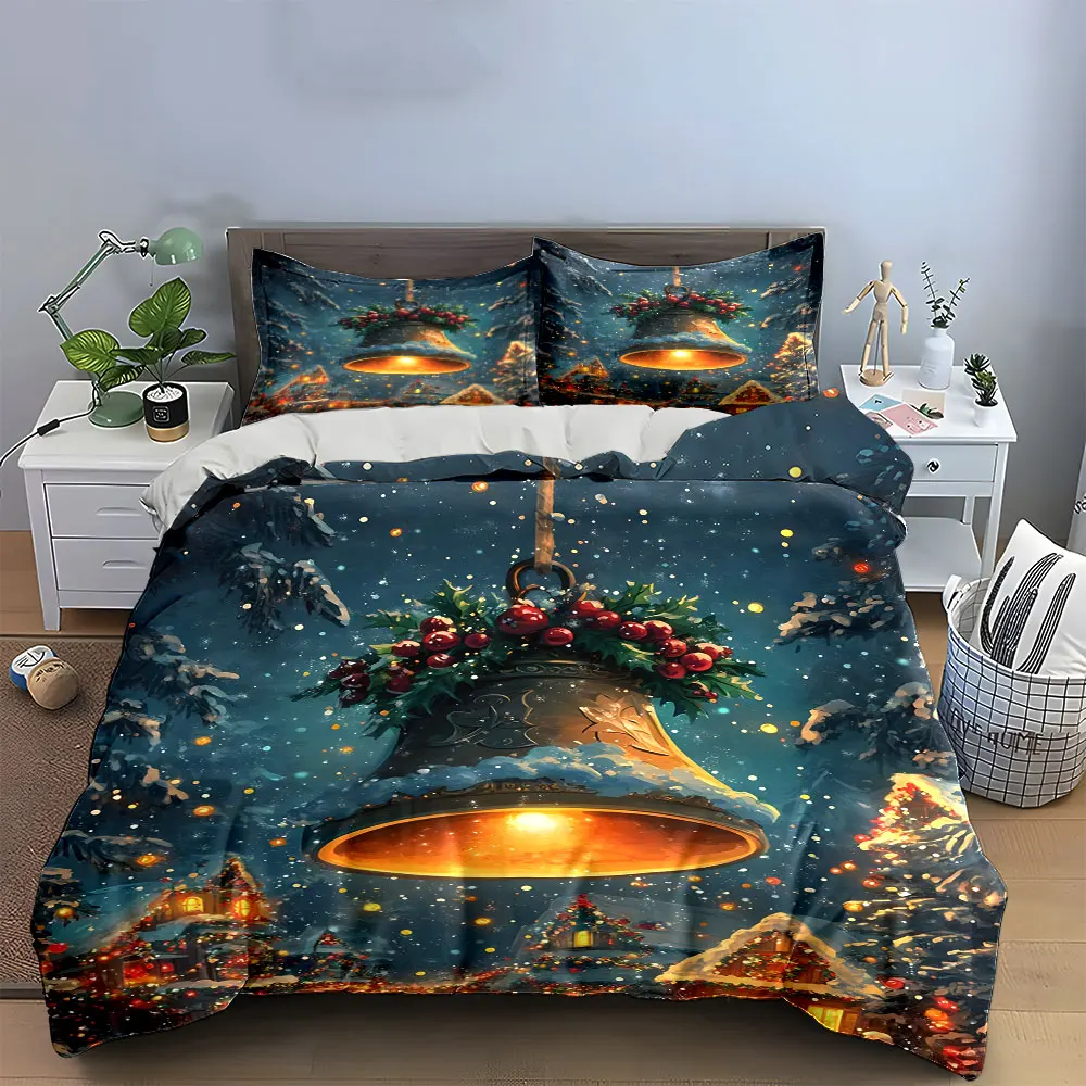 Christmas Bell Holiday Decorations Set Bedding Set with 1 Duvet Cover 2 Pillowcases Single Double King Queen, Gift