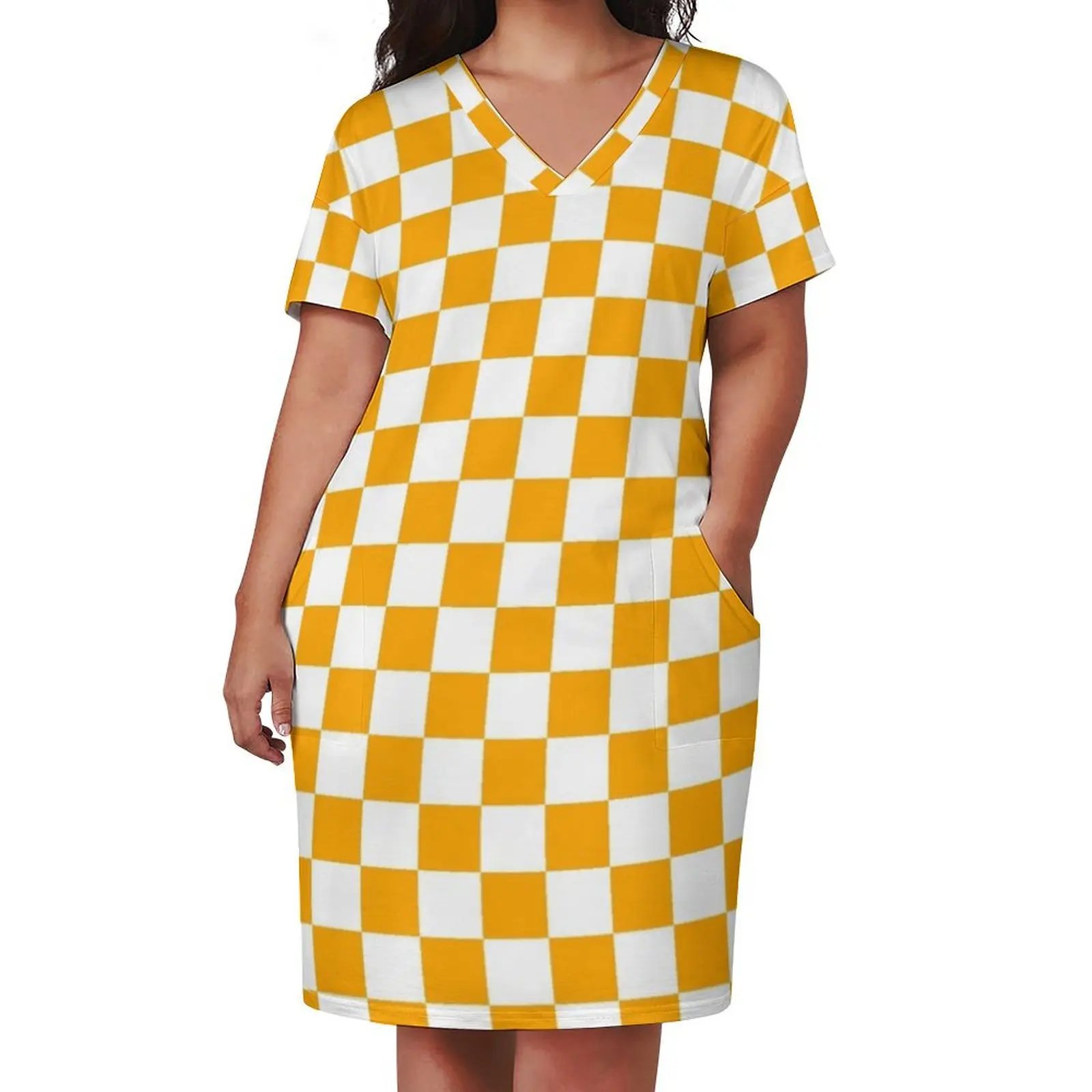 Orange And White Checkerboard Pattern Loose Pocket Dress beach dress Evening gown