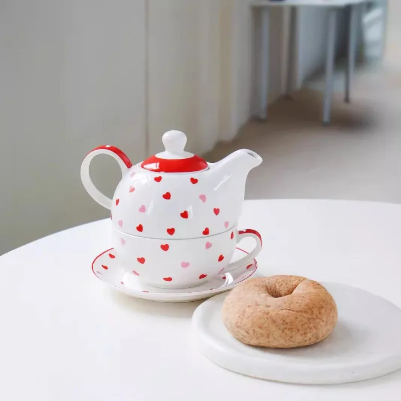 Teapot Set with Cups, Mother-Daughter Teapot and Heart Design Ceramic Tea Set for Afternoon Tea at Home, Tea Gift