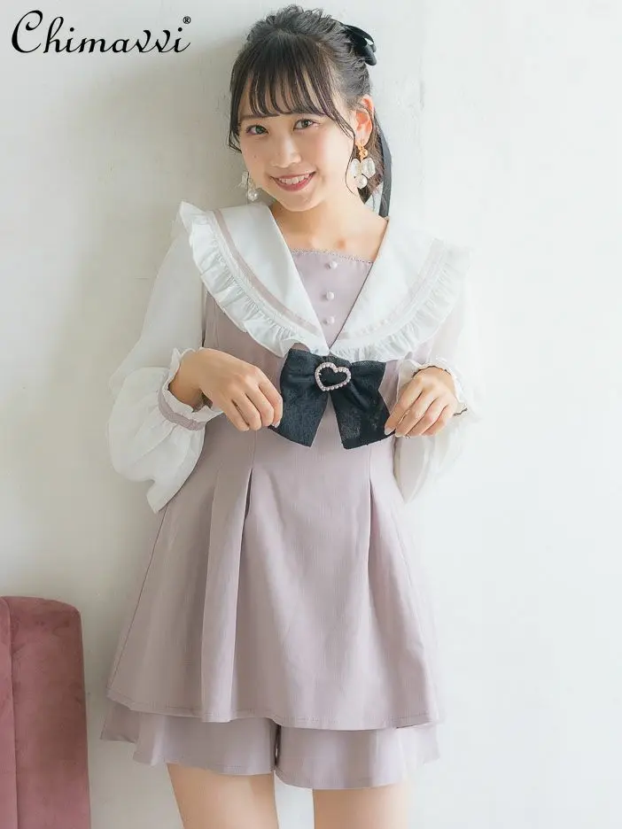 

Autumn New Japanese Lolita Women's Sail Collar Bow Long Sleeve Shirt Mine Series Mass-Produced Dress Culottes Suit Girls Outfits