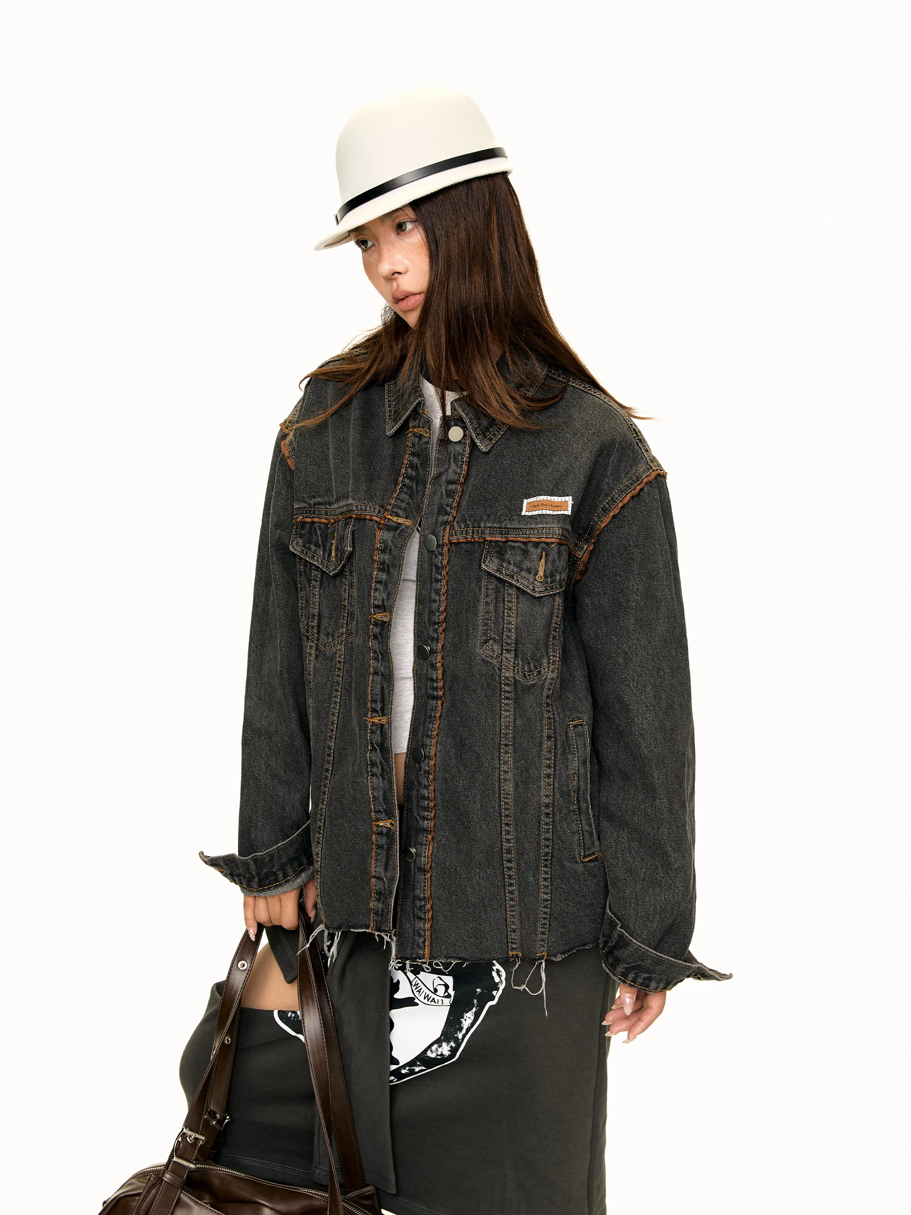 Blackbb Heavy Industry Label Casual Style Women's Denim Jacket American Creative Design Cotton Long Sleeve Button Closure