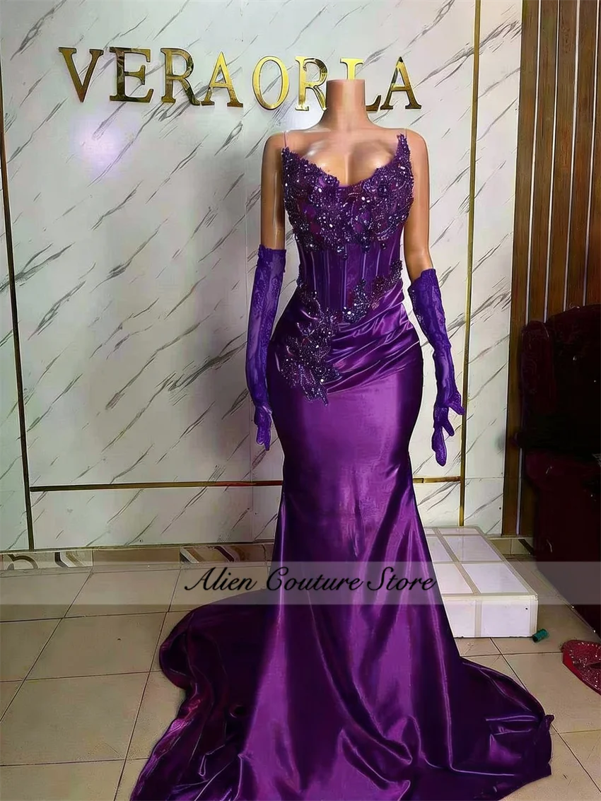 

Purple Diamonds Prom Dress Gloves Beading Rhinestones Crystals Wedding Reception Evening Gown Birthday Party Lace Up Customized