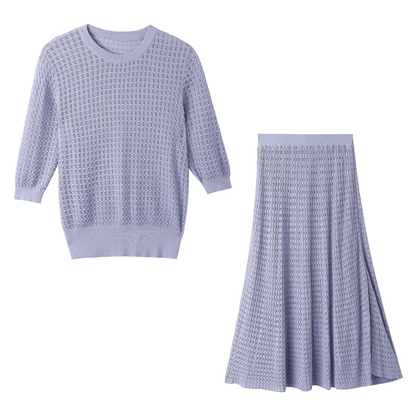 Spring Summer Women New Hollow Knitted Skirt Suit Wave Pattern High-end A-line Skirt All-match Top Suit Skirt