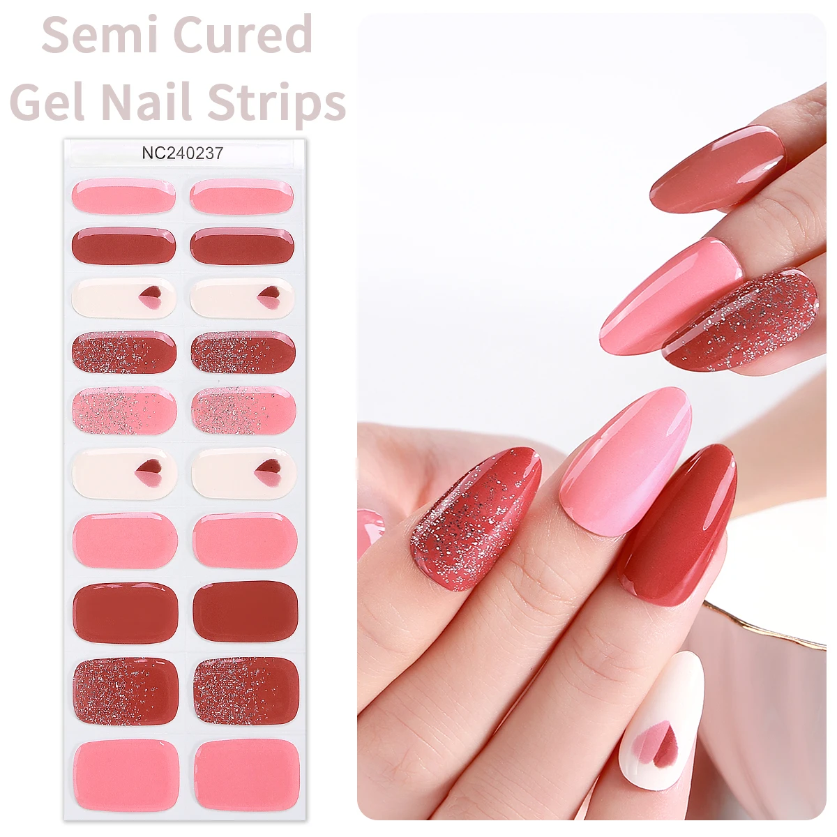 20Tips French Semi Cured Gel Nail Strips Pink and White Heart Plaid Design Gel Nails Stickers For Women Manicure Decoration