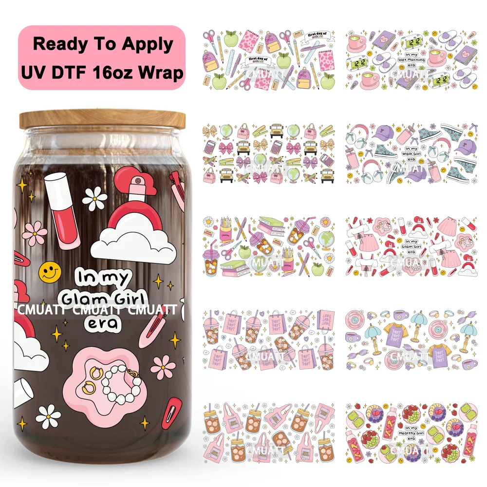 

Кокетка с бантом, чашка для книг, школьная жизнь, УФ-обертывания DTF, переводная наклейка, водонепроницаемая, высокое качество, для 16 унций, стеклянная банка, стакан