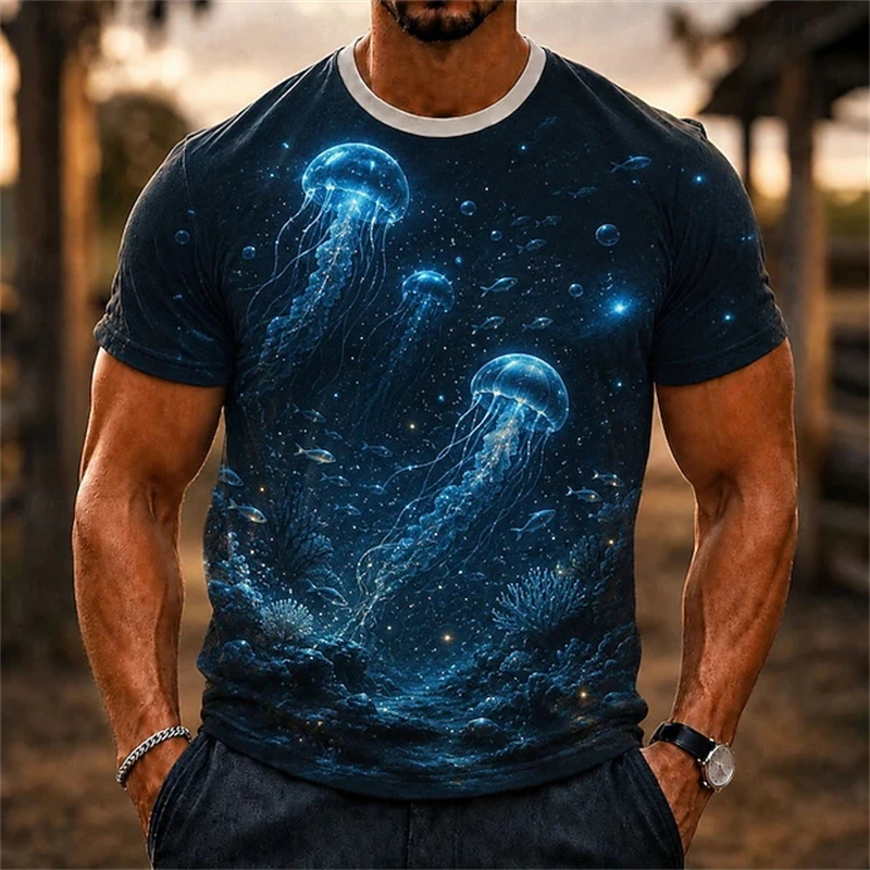Fashion Marine Life Graphic Men's Summer 3D Printed Crew Neck T Shirt, Glowing Jellyfish Coral Deep Sea Fantasy Ocean Daily Top