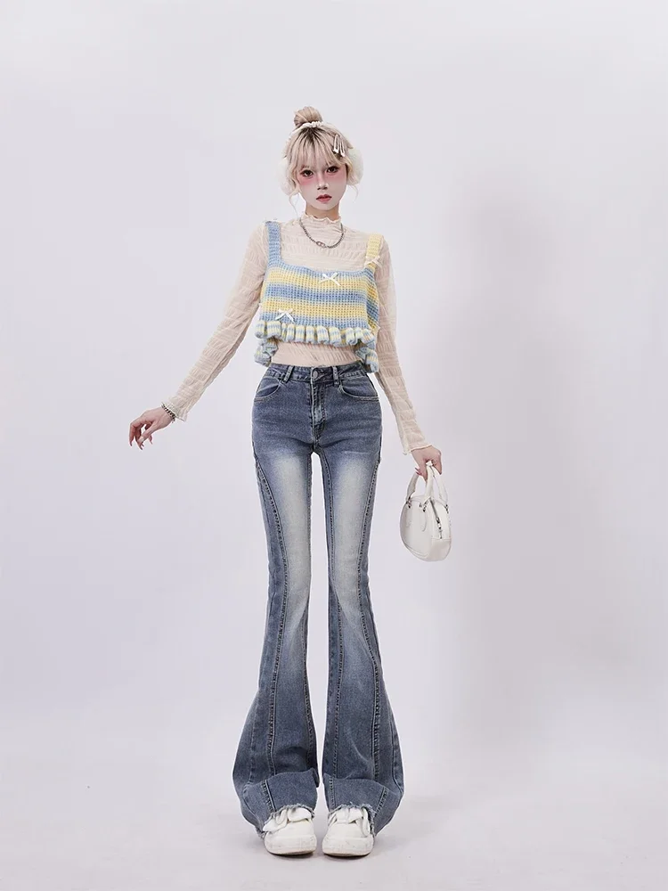 Women American Vintage Trashy Y2k Low Rise Jean Bell Bottoms Japanese Streetwear Denim Pants Long Trousers 2000s Aesthetic Kpop