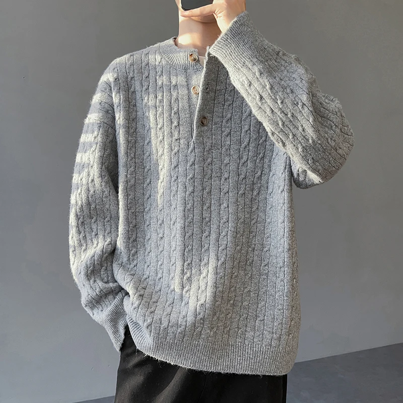 

Korean Lazy O Neck Knit Pullover Men Light Luxury Knitted Pullover Sweater Men's Autumn Winter Streetwear Leisure Knitwear Tops