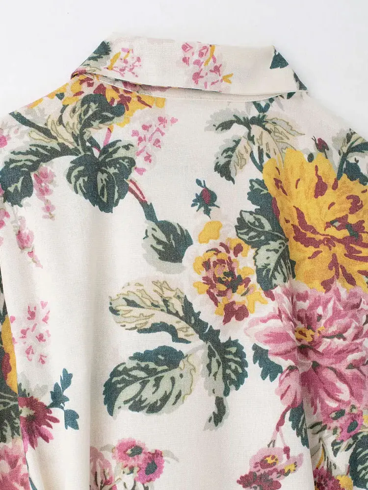 Midi-overhemdjurk met bloemenprint voor dames, riem, lange mouwen, knoopsluiting, damesjurken, chique mode