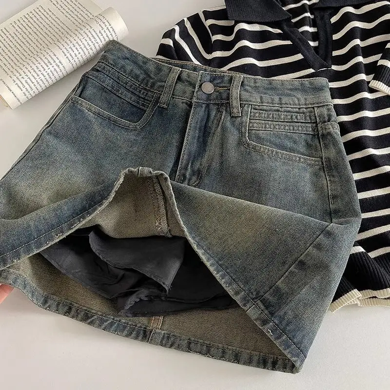 

Retro Dark Short A Word Denim Skirt 2024 Spring New Women High Belt Anti-exposure Short dress