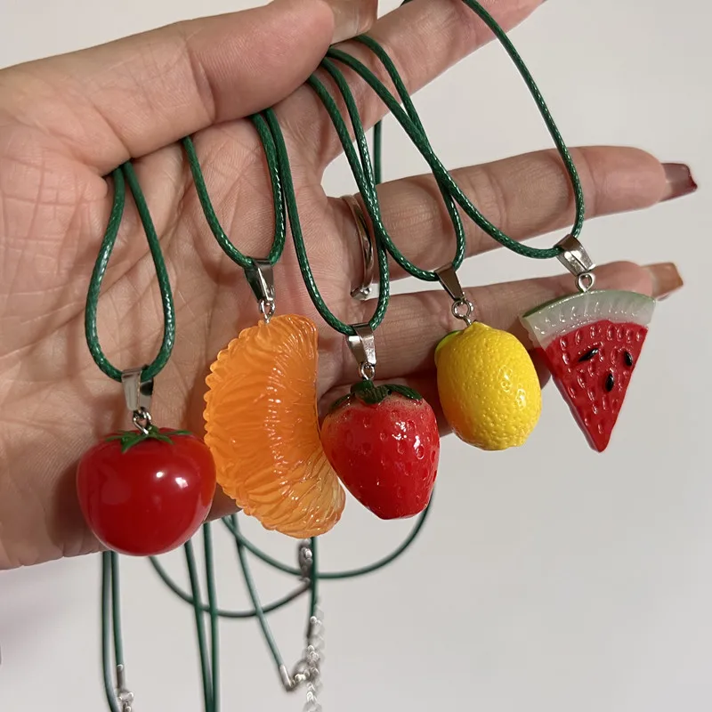 Cute Orange Lemon Fruit Pendant Necklace Vacation Jewelry For Women Men Leather Rope Rope Summer Fashion Neck Accessories