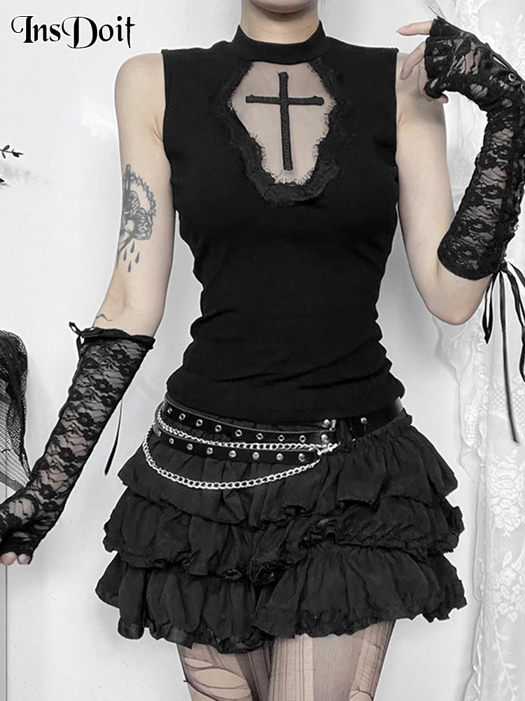 

InsDoit Goth Cross New Fashion Women Tops Mesh Patchwork O Neck Hip Hop Punk Grunge Retro Sleeveless Tee Streetwear Casual Camis